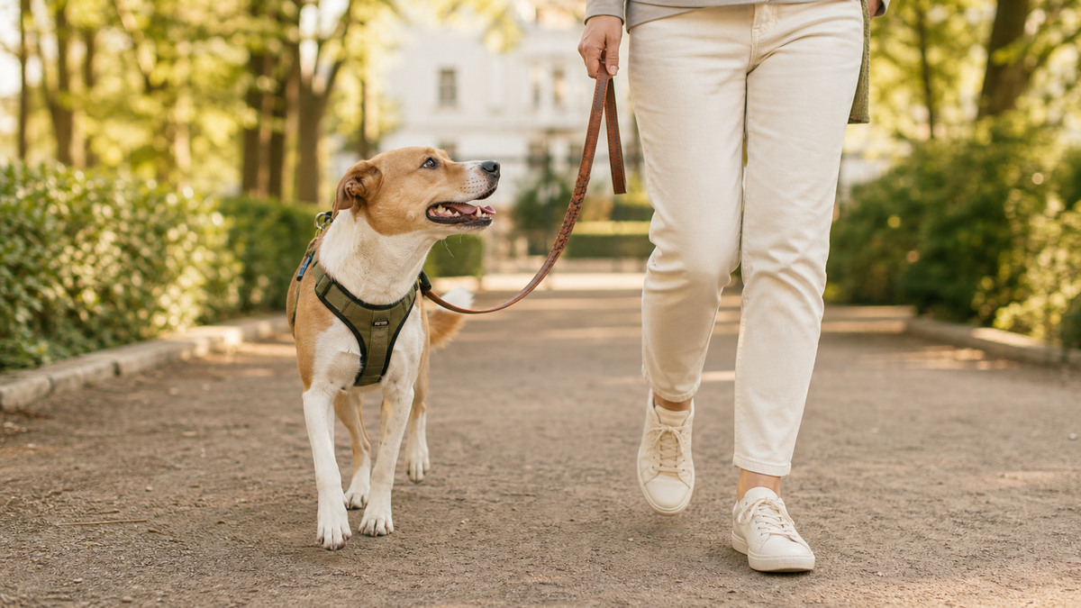 Chien portant un harnais lors d’une promenade calme