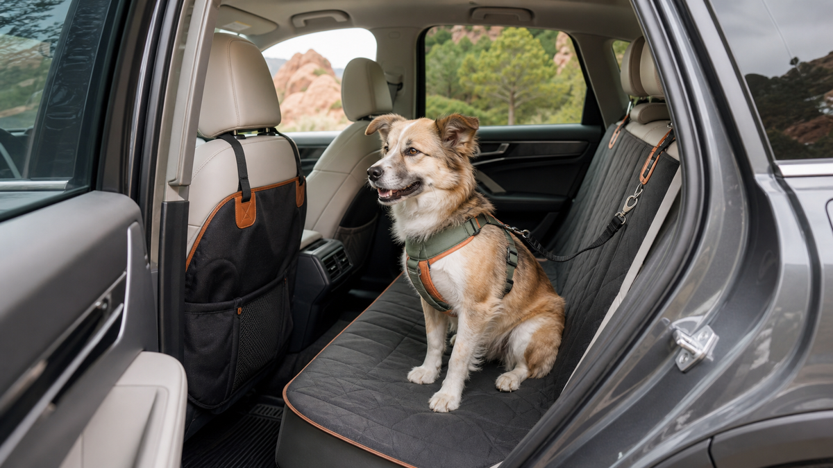 Chien installé en sécurité sur la banquette arrière d’une voiture